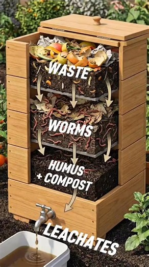 This is how a home vermicomposter works: fruit and vegetable scraps are placed on the top, earthworms transform the waste into nutrient-rich humus, the material moves downward as it fully decomposes, and at the bottom liquid fertilizer (leachate) is collected. The whole process takes 3 to 6 months, turning organic waste into plant gold. #Vermicomposter #EarthwormCompost #Vermicompost #OrganicFertilizer #Composting | MY OWN Garden