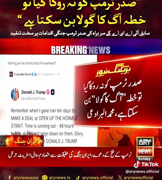 سابق آئی اے ای اے کے سر براہ کی صدر ٹرمپ جنگی اقدامات پر سخت تنقید صدر ٹرمپ کو نہ روکا گیا تو خطہ آگ کا گولا بن سکتا ہے، محمد البرادعی #ARYNews