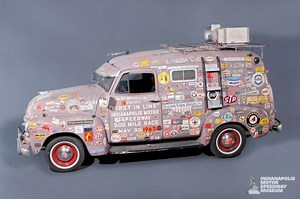 A sticker-covered van in the Indianapolis Motor Speedway Museum