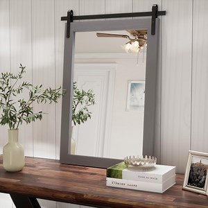 PAIHOME 18"x26" Gray Bathroom Mirror for Wall, Barn Door Solid Wood Frame Vanity Mirror - Farmhouse Decor
