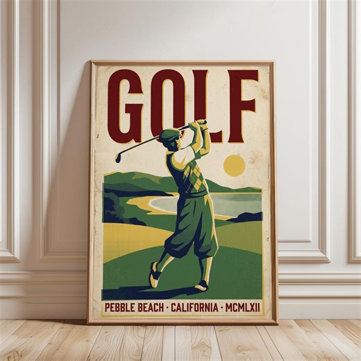 Vintage Golf Poster, Pebble Beach California Art Print, Retro Man Cave Decor - Etsy