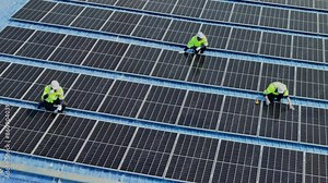 Worker Technicians are working to construct solar panels system on roof. Installing solar photovoltaic panel system. Men technicians carrying photovoltaic solar modules on roof.