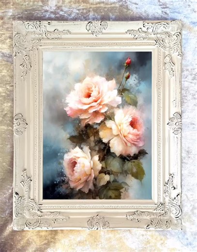 An Exquisite Still Life Oleograph on Stretched Canvas in an Ornate Hand Finished Antique White Gesso Rococo Frame, depicting a Bouquet of Pink Roses. The oleograph measures 16 inches x 12 inches with overall measurements in the frame being 22 inches x 18 inches. The oleograph has the appearance, patina & texture of an oil painting.✨ Mulberry-art.co.uk 🤍🌿 FOLLOW US @mulberryhomeinteriors ETSY FRAMESANDPAINTINGS ✨ New Stock Added Daily ✨ #fineart #artwork #buyart #artforsale #home #homedecor #ho
