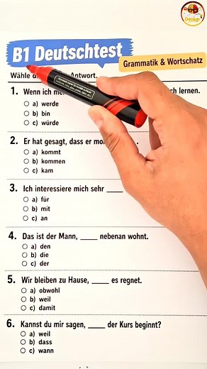 B1 Deutschtest – Grammatik & Wortschatz Kurze Übungen mit typischen B1-Strukturen helfen dabei, sicherer Deutsch zu verstehen und im Alltag natürlicher zu sprechen. Regelmäßiges Training verbessert Grammatik, Wortschatz und Sprachgefühl Schritt für Schritt. #Deutschlernen #Deutschtest #DeutschB1 #Grammatik #Wortschatz