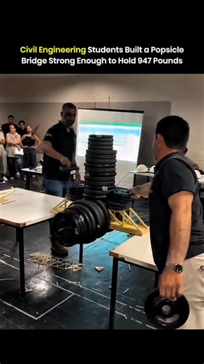 tecnology. history on Instagram: "Civil engineering students designed and built a bridge using popsicle sticks and adhesive, then tested it with steadily increasing weight. The bridge carried 947 pounds before failure, which shows how structural design controls strength more than material type. The students used triangular truss patterns to manage compression and tension, reducing bending across the span. Load paths were planned so forces moved evenly from the deck into the supports. Joint quali