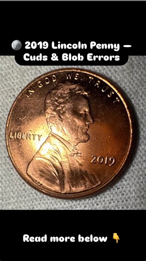 🪙 2019 Lincoln Penny — Cuds & Blob Errors This coin shows raised metal areas known as cuds and blobs, both caused by die failure during the minting process. A cud forms when a portion of the die breaks away—usually near the rim—allowing metal to flow into the missing area. A blob is excess metal created by a cracked, chipped, or heavily worn die that continues striking coins beyond its normal life. Unlike circulation damage, these features are raised above the surface, have smooth metal flow, a
