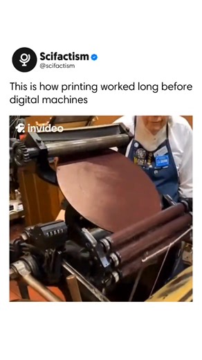 Scifactism on Instagram: "This machine is a letterpress printer, a mechanical system that once defined commercial printing before offset and digital methods became dominant. Letterpress uses relief printing, where ink coats raised type or plates and is pressed directly onto paper. Rollers distribute ink evenly from a rotating disk, and pressure transfers the image, leaving a subtle impression in the sheet. From the late 1800s through the mid-1900s, letterpress presses powered newspapers, books, 