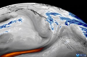 Water vapor imagery via NOAA's GOES West satellite is helping track a powerful upper-level trough ushering a strong atmospheric river into the western U.S. today. Winter Storm Warnings are in effect for higher elevations, as High Wind Warnings and Wind Advisories cover much of the region. Latest updates and advisories: www.weather.gov | NOAA Satellite and Information Service