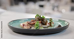 Luxury, restaurant and plate of steak or meat on gourmet fine dining menu with spices and herbs. Grill, beef and catering dinner closeup with healthy protein, food or cooking in kitchen at hotel