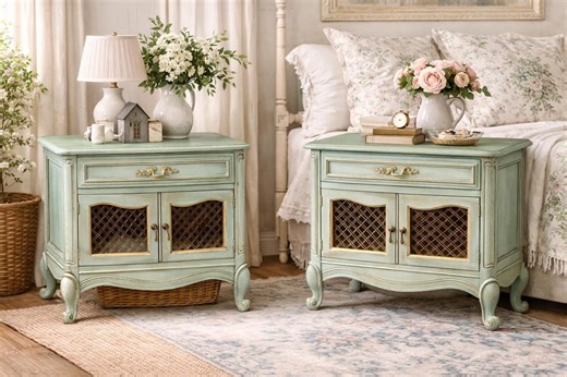Lillian & Rose – French Country Nightstands (pair) | Hand Painted Distressed Green | Vintage Cottage Side Tables - Etsy