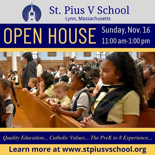 At Saint Pius V School in Lynn, we provide a high-quality, values-driven education for students from preschool through 8th grade. Our November Open House is a wonderful chance to discover why families are choosing Saint Pius V School. Visit us at 28 Bowler Street in Lynn between 11am-1pm on Sunday, November 16th to see firsthand what makes our school special. Applications for admission and financial aid for the 2026-2027 school year are open now for PreK (3 year olds and 4 year olds) up through 