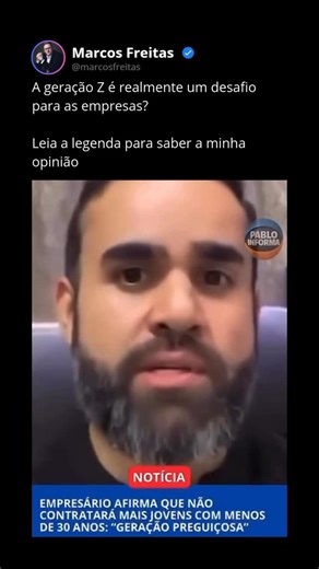 Marcos Freitas on Instagram: "Quando eu vejo empresários dizendo que vão priorizar contratações acima de 30, 40 anos porque “a geração mais nova não quer nada com nada”, eu entendo a frustração, mas também vejo um risco enorme nisso: generalizar um problema que é muito mais profundo. O que eu observo, na prática, dentro das empresas, é outra coisa: a geração mais nova não tolera ambientes desorganizados, líderes despreparados, metas sem sentido, falta de propósito e empresas sem valores claros. 