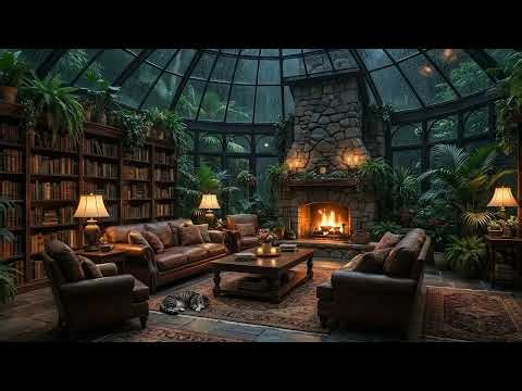 Rain and Thunder in Glass Dome Library | 10 Hours Fireplace Ambience 4K