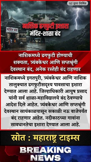 नाशिकमध्ये ढगफुटी होण्याची शक्यता त्र्यंबकेश्वर आणि सप्तश्रृंगी देवस्थान बंद अनेक रस्तेही बंद राहणार
