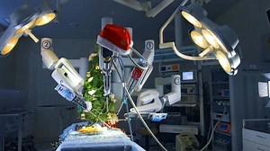 Medical robot putting lights on the fir-tree. Surgical room in hospital with robotic technology equipment. Christmas tree and decorations in the surgery.
