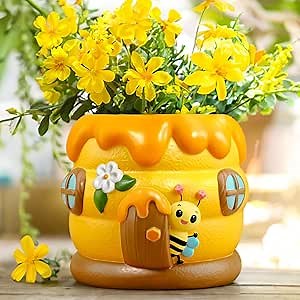 GUGUGO Cute Bee Hut Plant Pots, Cute Unique Succulent Animal Planters with Drainage, Bright Yellow Small Bee House Indoor Flower Pots, Funny Eclectic Boho Home Décor Gift, Beehive and Flowing Honey
