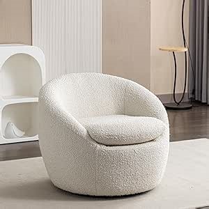Boucle Fabric 360° Swivel Chair, White, for A Stylish Living Room Setup Modern Cream White Armchair with and Cover
