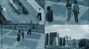 Multiple split screen security camera footage of corporate employees strolling, discussing business matters, relaxing in garden of office building at lunch break, and cityscape panorama on summer day