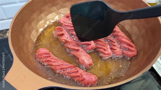 Frying hot dog spirals in a copper pan on a stovetop for a unique and flavorful twist on classic sausage cooking methods