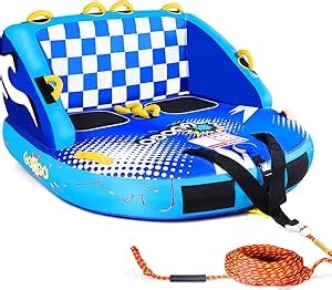 GOOGO 1-2 Person Towable Tube for Boating, Inflatable Water Towable Tube with EVA Soft Towable Deck Seat, PVC Anti-Leakage Air Bladder, Dual Tow Points, Pull Rope for Kids and Adults