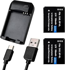 NP-6L Battery Charger, Digital Camera Battery Charger with 2 Pieces CAS. NP-6L 3.7V 700mAh Rechargeable Li-ion Polymer Batteries
