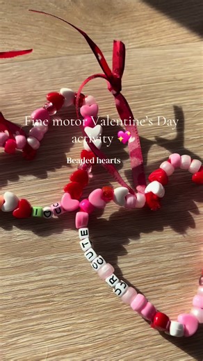 Beaded hearts for Valentine’s Day 💗 We love bead activities and this kept my toddler so busy! Such a simple activity that works on fine motor skills, hand eye coordination, and creativity! All you need: Beads Pipe cleaners Ribbon Perfect for a quiet afternoon or Valentine’s Day setup ❤️ #simplecrafts #finemotorskills #toddlermom #valentinescrafts #toddleractivities