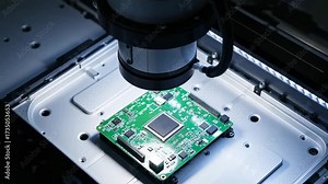 Automated optical inspection of a green circuit board by a precision robotic camera system in a factory setting
