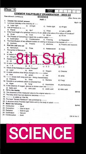 8th Science Half Yearly 2022 question paper | Class 8 Science | Samacheer