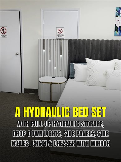 Hydraulic bedroom set – pull‑up storage, drop‑down lights, side panels, side tables, chest & dresser with mirror. All the pieces you need for a royal‑look bedroom, ready to assemble. Visit us today and bring home this masterpiece! 📞 647-262-0000 | 905-564-5853 📍 6685 Tomken Road, Mississauga, Ontario, Canada . . . #GrandHomeFurniture #HydraulicBed #DropDownLights #SidePanels #SideTables #Chest #DresserWithMirror #BedroomSet #RoyalElegance #canada