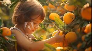 Caucasian toddler boy picking oranges during golden hour for a sustainable harvest