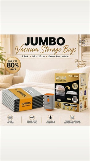 Jumbo Vacuum Storage Bags 8-Pack | Electric Pump Included | Maximize Storage & Travel Smart