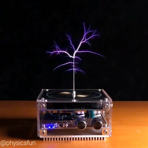 Disk Tesla Coil: https://www.physicsfunshop.com/search?keywords=tesla Incredible coronal brush discharges form intricate miniature lightning in this variation of the famous air core double-tuned resonate transformer invented by Nikola Tesla in 1891. In this novel design the coil is created using modern printed circuit board (PCB) technology producing a spiral of many conductive windings, so thin and close together it looks a bit like a gold phonograph record. The 10 cm long sparks are made possi