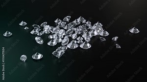 Diamonds falling down on black table in dark scene. Animated 3d rendering of gemstones on black background