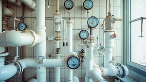 Download A bunch of pipes and gauges in a room with a window for free