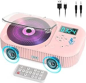 Greadio Portable CD Player with Speakers – Rechargeable Bluetooth Pink CD Player for Kids & Car, 2000mAh Anti-Skip, FM Radio/USB/AUX/Remote Control, Stereo Sound, Timer