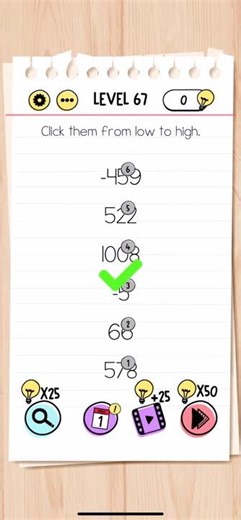 Brain Test Level 67 Click them from low to high Answers Solutions