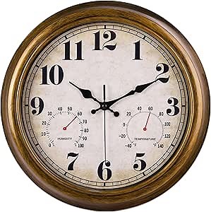 45MinST 13-Inch Vintage Outdoor Wall Clock with Thermometer and Hygrometer, Waterproof, Large Numbers, Silent, for Indoor and Outside Use,Porch,Garden,Pool(Bronze)