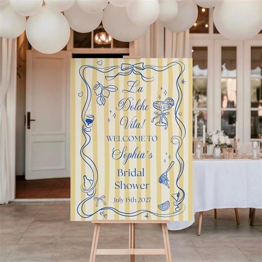 La Dolce Vita Italian Bridal Shower Welcome Sign, Blue Yellow Coastal European Sign, Hand Drawn Summer Bridal Shower Decor L207