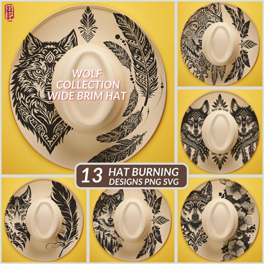 Wolf Hat Templates for Wide Brim Cowboy Hats | Western Hat Burning Design | Laser Engraving PNG SVG Files | 13 Laser Ready Designs - Etsy
