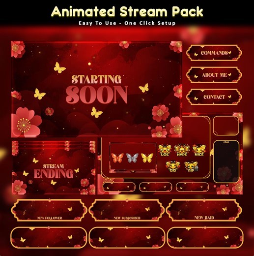 Crimson Bloom Animated Stream Package: for Twitch Overlay, Youtube, Kick | Butterfly Overlays - Etsy