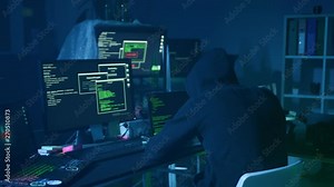 Surprised computer hacker arrested at internet crime at night. Portrait of criminal looking under flashlight at policeman.