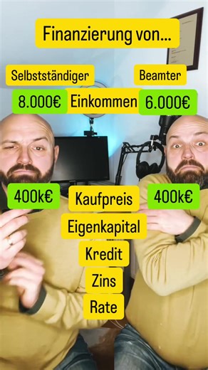 Warum Finanzierung nicht gleich Finanzierung ist – Selbstständig vs. Beamter. 🏦🏠 Gleicher Kaufpreis. Zwei Bauherren. Zwei komplett unterschiedliche Bewertungen durch die Bank. Ausgangslage: Kaufpreis jeweils 400.000 € ⸻ Bauherr 1: Selbstständig • Einkommen: 8.000 € • Eigenkapital: 60.000 € • Kredit: 380.000 € • Zinssatz: 4,8 % • Monatliche Rate: 2.153 € 👉 Trotz höherem Einkommen 👉 trotz mehr Eigenkapital 👉 deutlich höherer Zinssatz Warum? Weil Banken bei Selbstständigen Risikoaufschläge rec