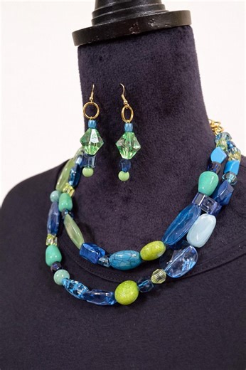 Green & Blue Beaded Jewelry Set | Handmade Boho Necklace, Earrings, Bracelet - Etsy
