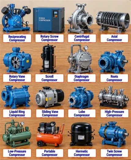 Air Compressors Guide – Comprehensive Reference Chart of 16 Types of Industrial and Mechanical Com