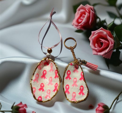 Breast Cancer Awareness Ribbon Design Oyster Shell Keychain and Ornament Set - Etsy