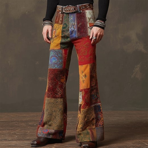 Men's Geometric Color Block Patchwork Trousers Disco Pants 60s 70s Bell Bottoms Mid Waist Bohemian Vintage Retro Outdoor Party Casual Side Pockets Flared Leg Pants Trousers Spring Fall 3D Print Blue 2025