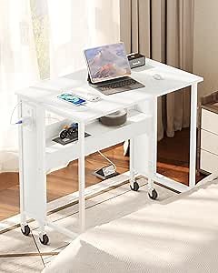 31.5" Modern White Folding Computer Desk with Power Outlets, Wheels, Storage, Perfect for Small Spaces White TDN01UWB