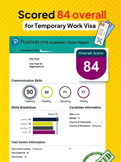 84 overall — visa secured! 🎉 From review to results, pumasa ang student namin with an 84 overall score for his Temporary Work Visa 💪 Kung nagpa-plan ka rin mag-English exam pero feeling lost or hesitant mag-start, we got you. Our Essential Course is made to help you improve your skills — effective, practical, at abot-kaya. 👉 Enroll now and simulan na ang journey mo toward your visa goals! #ptemagic #pteacademic #ptepractice #ptemagicphilippines