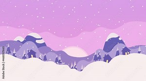Sunset in winter village animation, 4k video. Cartoon hand drawn holiday motion graphics with space for logo branding or text.
