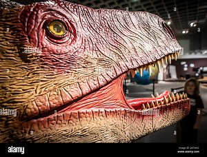 05 February 2020, North Rhine-Westphalia, Münster: Felix observes the lifelike reconstruction of a predatory dinosaur in the LWL Museum of Natural History. The "Wiehenvenator albati" was at least eight metres long, two metres high and lived in Westphalia. The petrified bones became known under the name "Monstser von Minden". A model maker has now reconstructed the 165 million year old find in a lifelike manner. Photo: Bernd Thissen/dpa Stock Photo - Alamy
